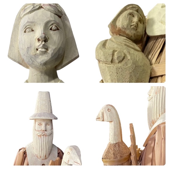 Vintage Cornhusk & Carved Wood 17” Male & 16” Female Pilgrim Figures - Picture 6 of 14